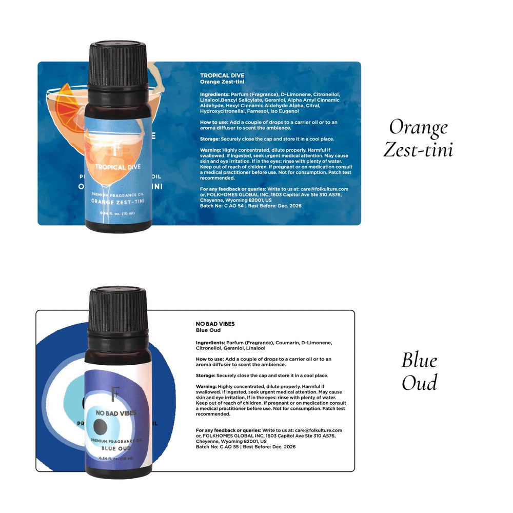 Six essential oil bottles with diffuser-themed presentation