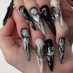 Folonral long press nails almond with heart butterfly pearl design in black, ideal for date nights.