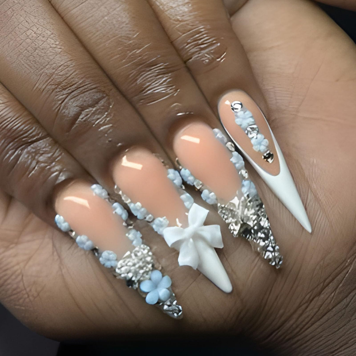 FOLONRAL long almond nails with 3D bow rhinestones for a chic party look