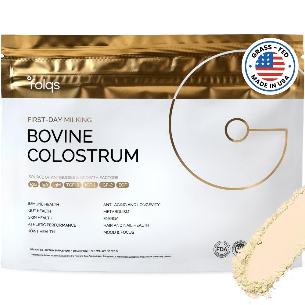 Front view of Folqs Bovine Colostrum Powder bottle