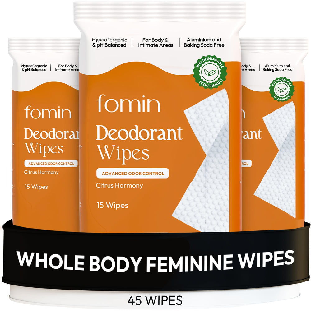 FOMIN Acidified Deodorant Wipes Citrus Harmony packaging highlights plastic-free design and fresh scent.