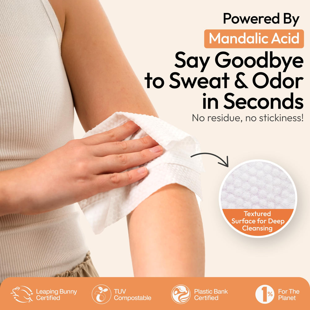 FOMIN Acidified Deodorant Wipes pH-balanced-formula demonstrates balanced skin.