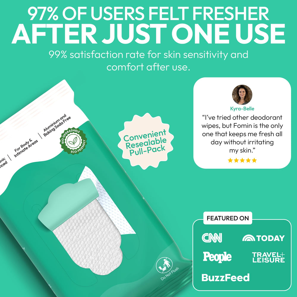 FOMIN acidified wipes underarm application for quick refresh and odor control.