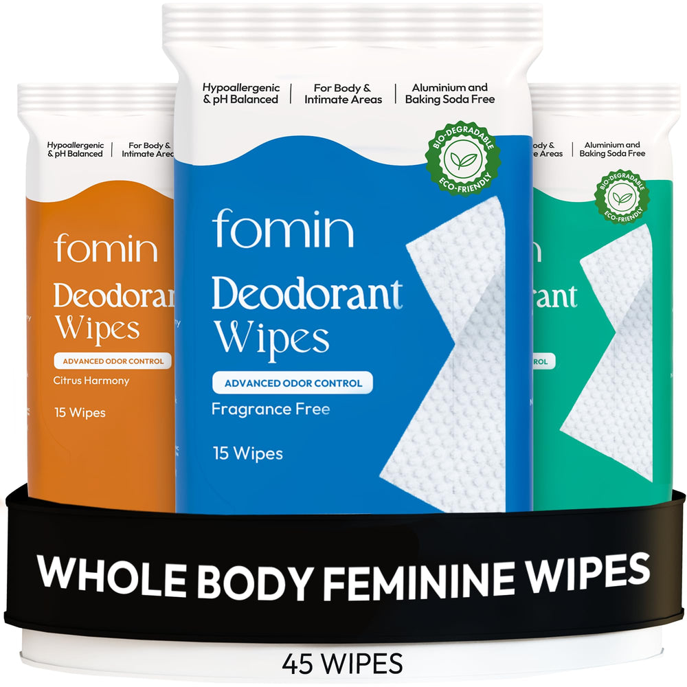 FOMIN Acidified Deodorant Wipes women pack front view for on the go freshness