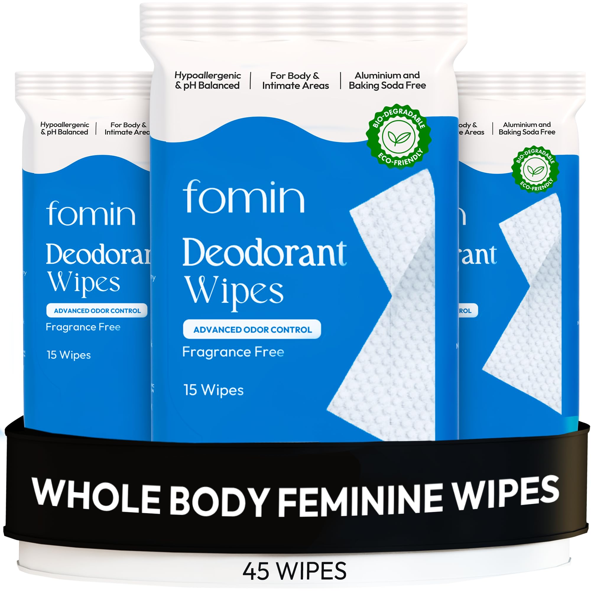 FOMIN Acidified Deodorant Wipes for Women in a fragrance-free pack for daily underarm refreshment.