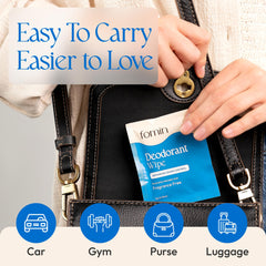 FOMIN acidified travel deodorant wipes with biodegradable packaging for eco-friendly convenience.