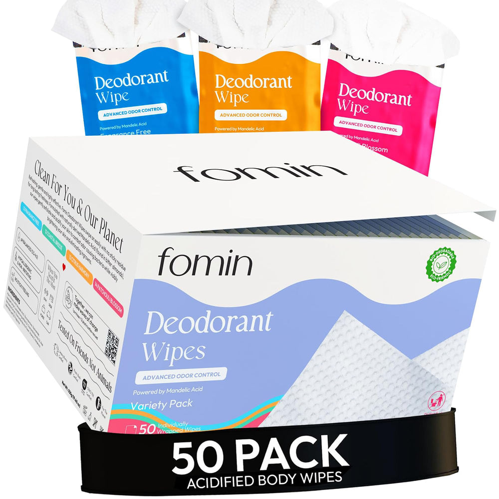 FOMIN acidified travel deodorant wipes variety pack box for on-the-go freshness.