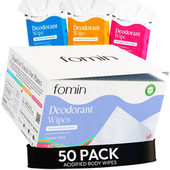 FOMIN acidified travel deodorant wipes variety pack box for on-the-go freshness.