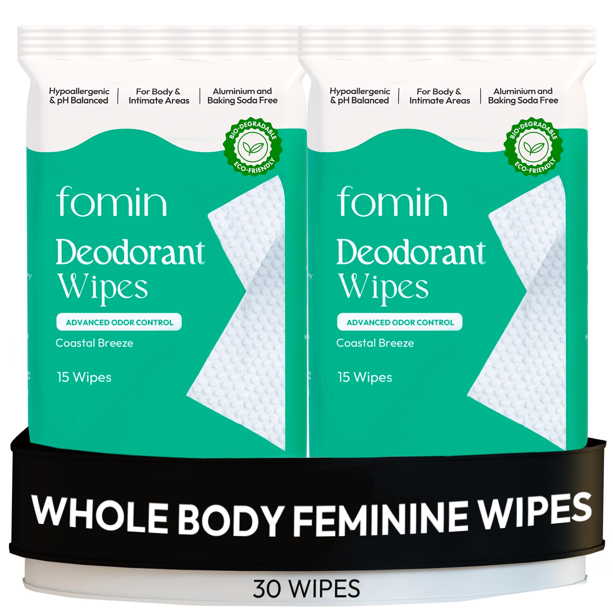FOMIN Coastal Breeze wipes packaging highlighting plastic-free, eco-friendly design for everyday freshness.