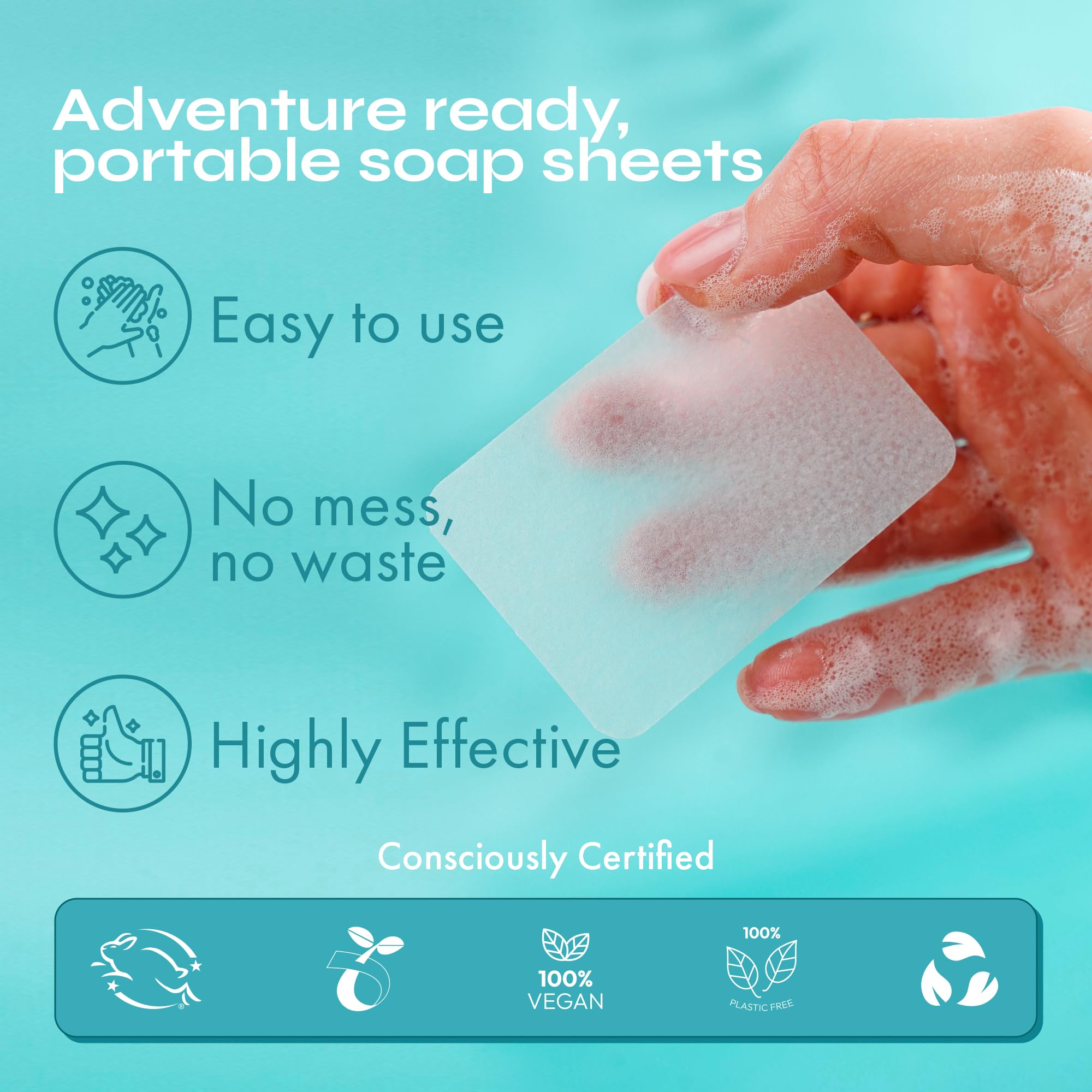 FOMIN travel-size soap sheet fits in a pocket for convenient hygiene anywhere.
