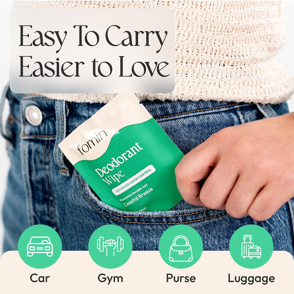 FOMIN wipes in car console enabling quick underarm refresh during travel.