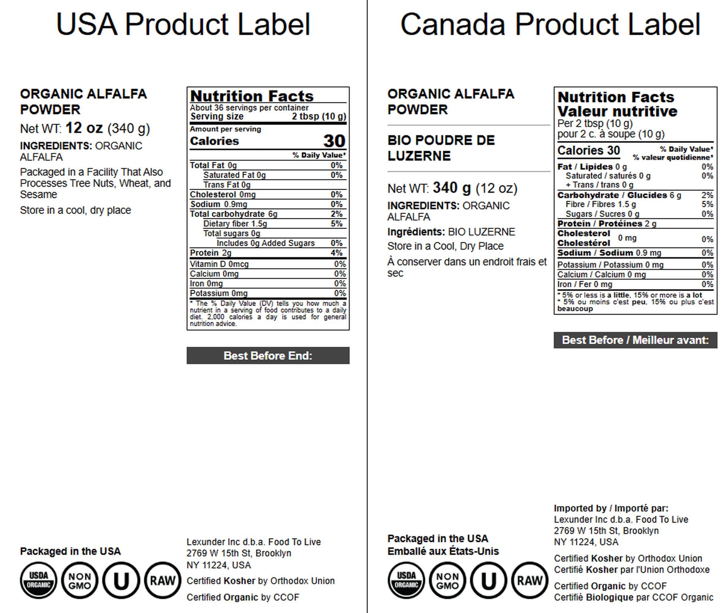 Back of the Food to Live Alfalfa Powder package with nutritional info