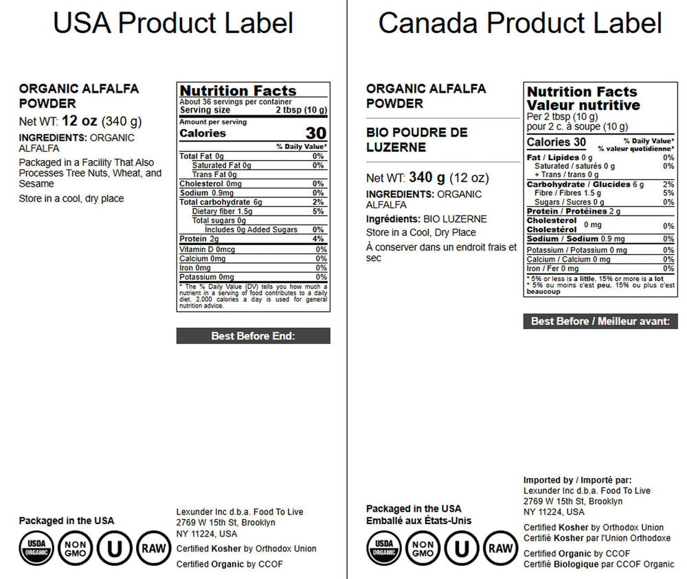 Back of the Food to Live Alfalfa Powder package with nutritional info
