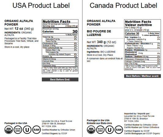 Back of the Food to Live Alfalfa Powder package with nutritional info