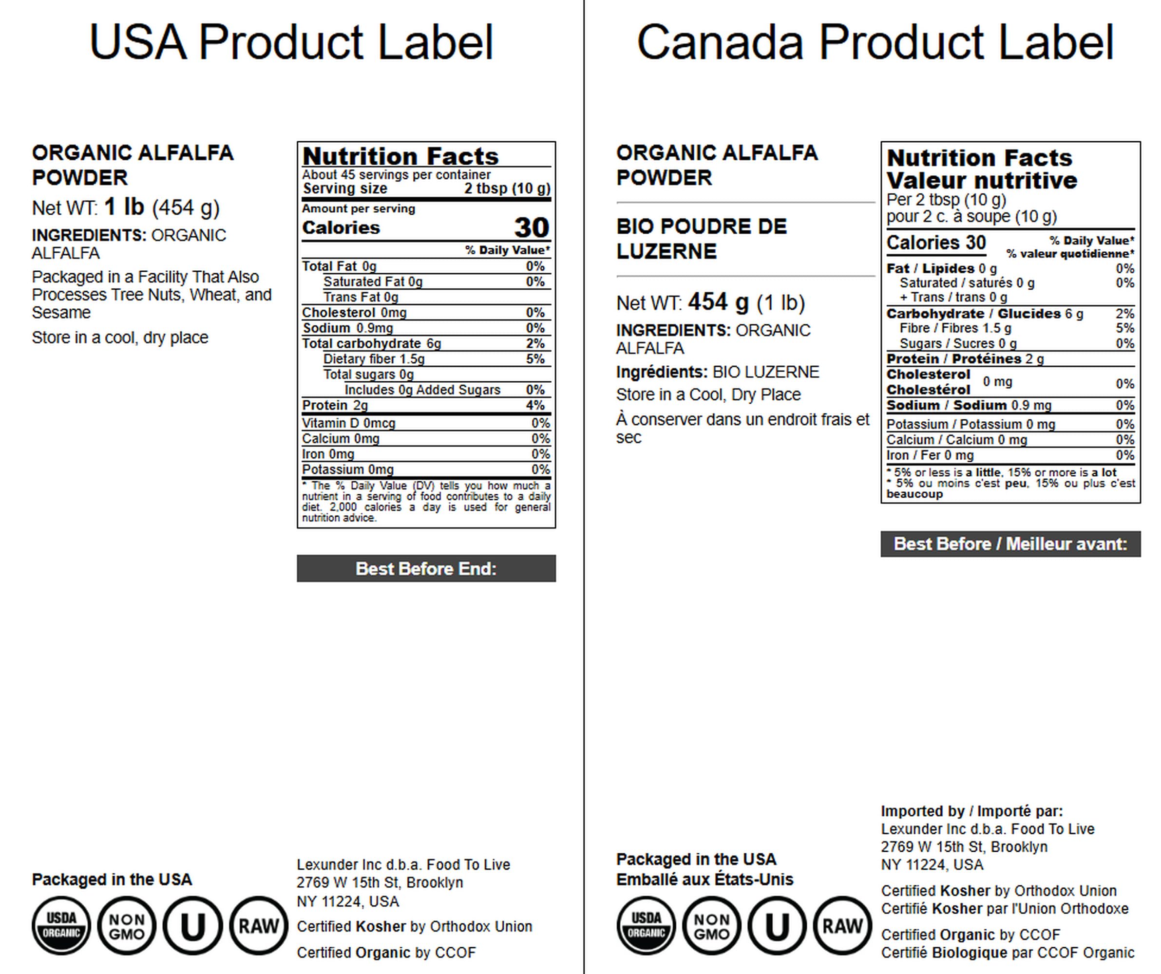 Food to Live Alfalfa Powder packaging
