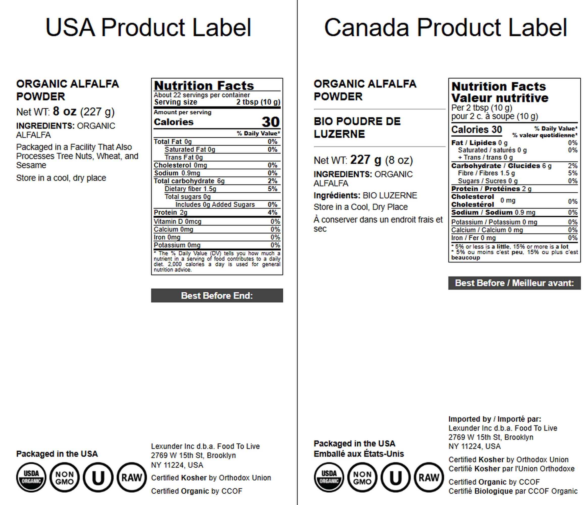 Box packaging for Food to Live Organic Alfalfa Powder 8oz