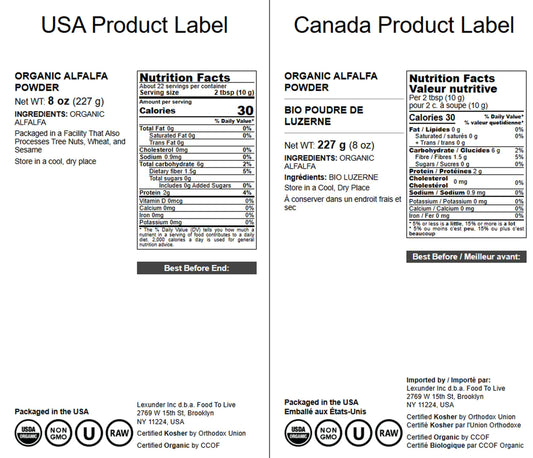 Box packaging for Food to Live Organic Alfalfa Powder 8oz