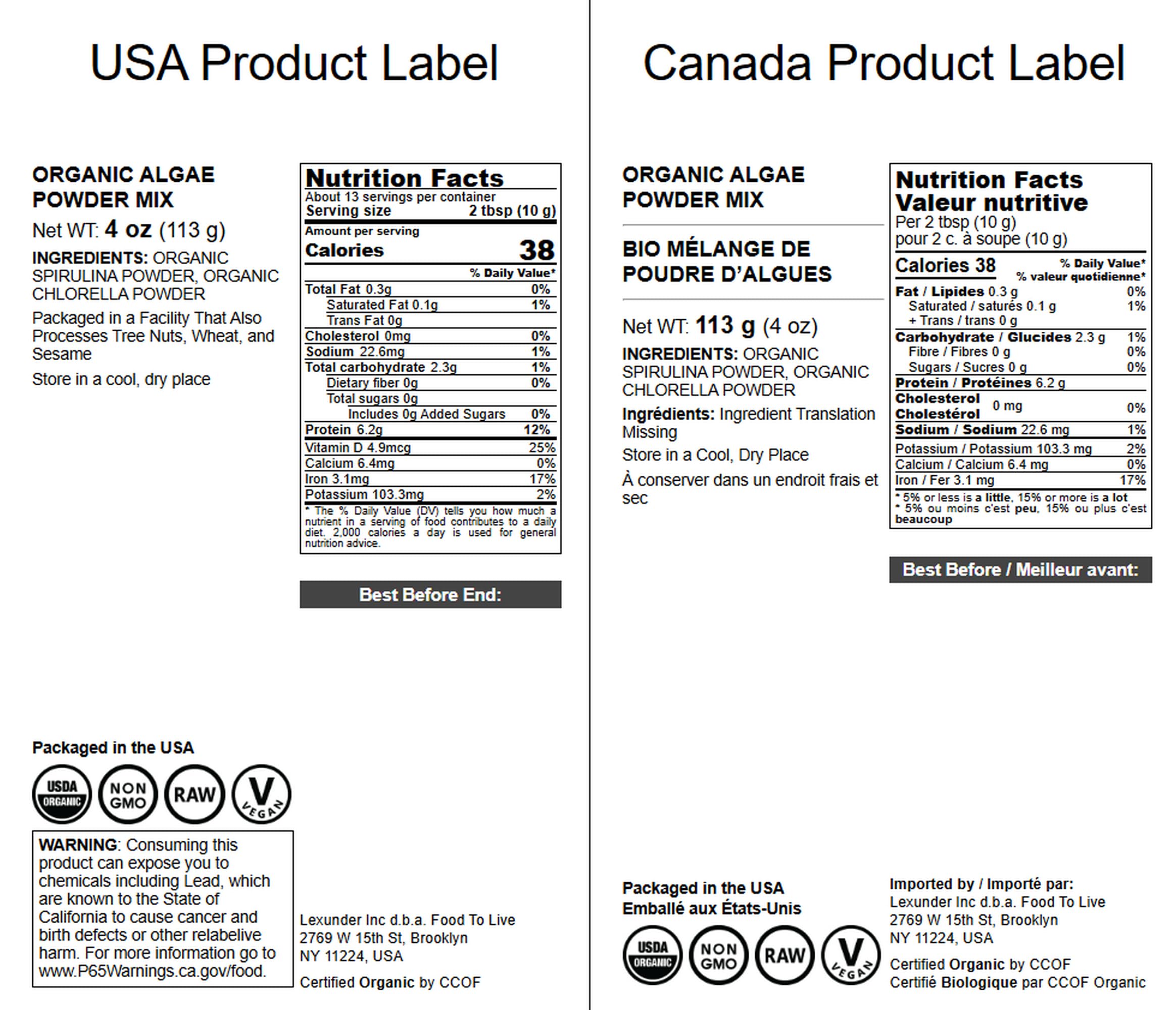 Food to Live Organic Algae Powder Mix packaging label