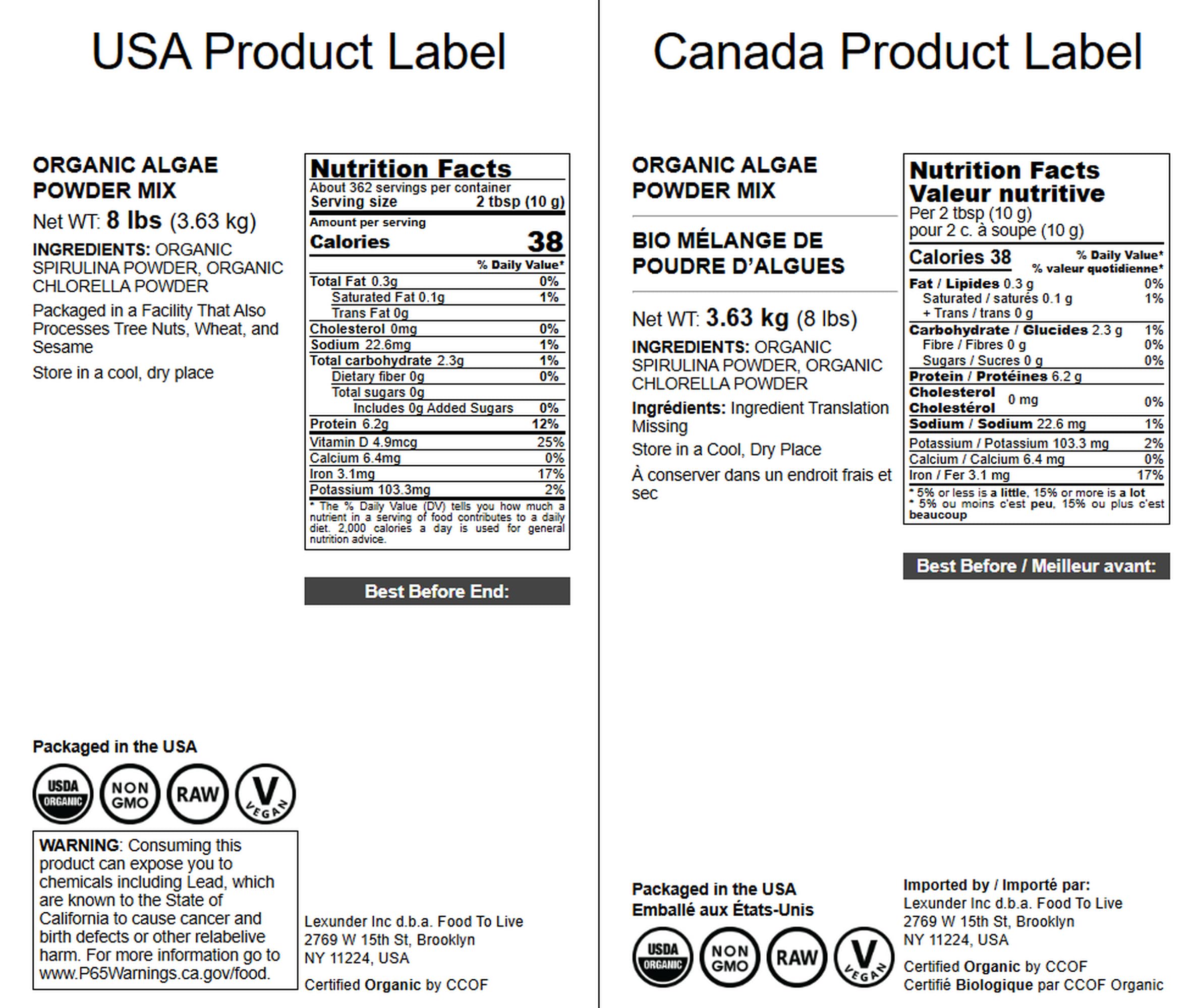 Back label of Food to Live Organic Algae Powder Mix 8 lb