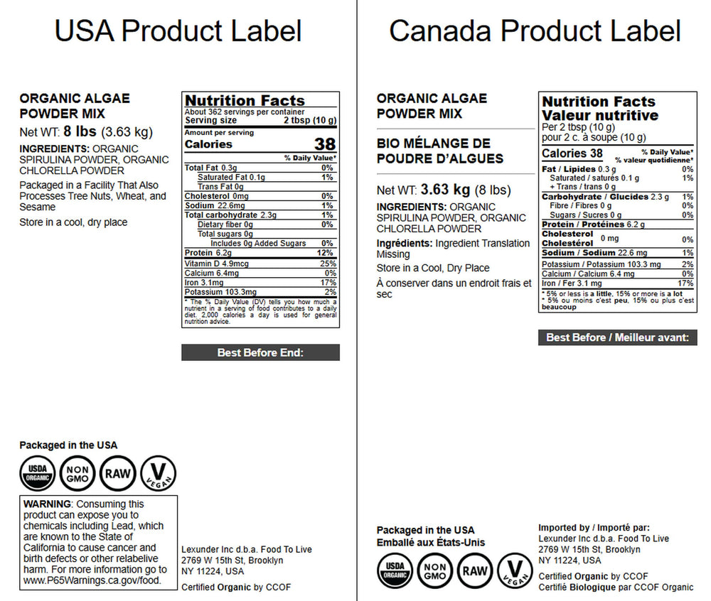 Back label of Food to Live Organic Algae Powder Mix 8 lb