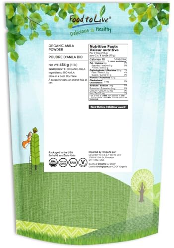 Back and nutrition details of amla powder 1 lb bag