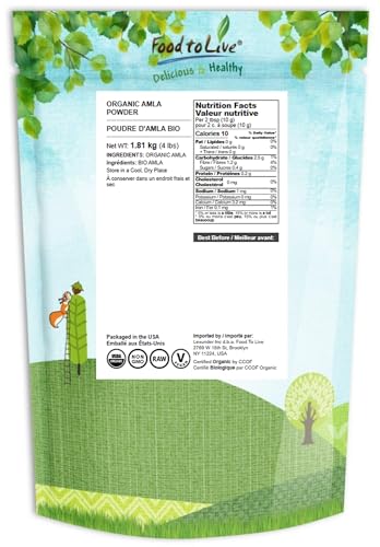 Back view showing nutrition and ingredients on amla powder package
