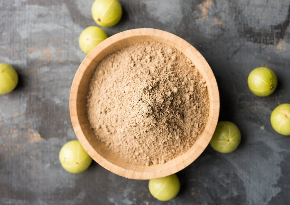 Non-GMO, vegan label on Amla powder bag