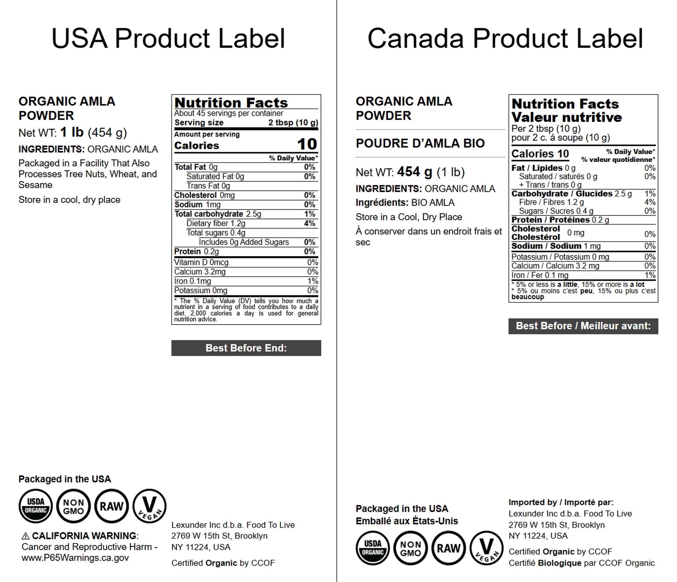 Close-up of Food to Live Amla Powder bottle label