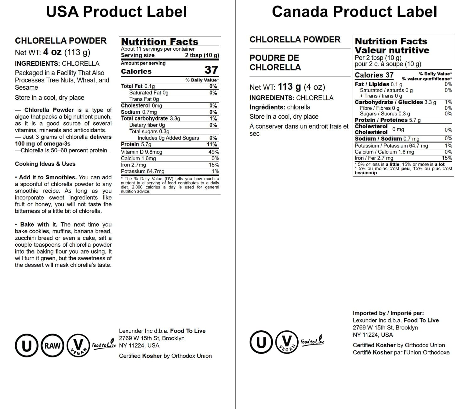 Kosher certification label on chlorella powder container