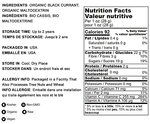Nutritional facts for Food to Live Organic Black Currant Juice Powder