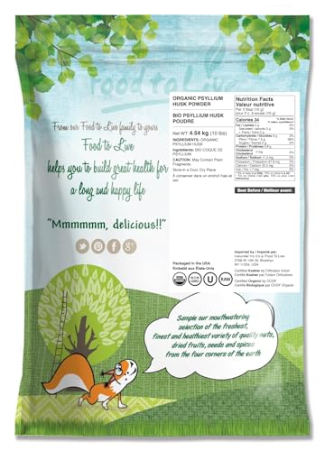 Back label of Food to Live Organic Psyllium Husk Powder 10 lb