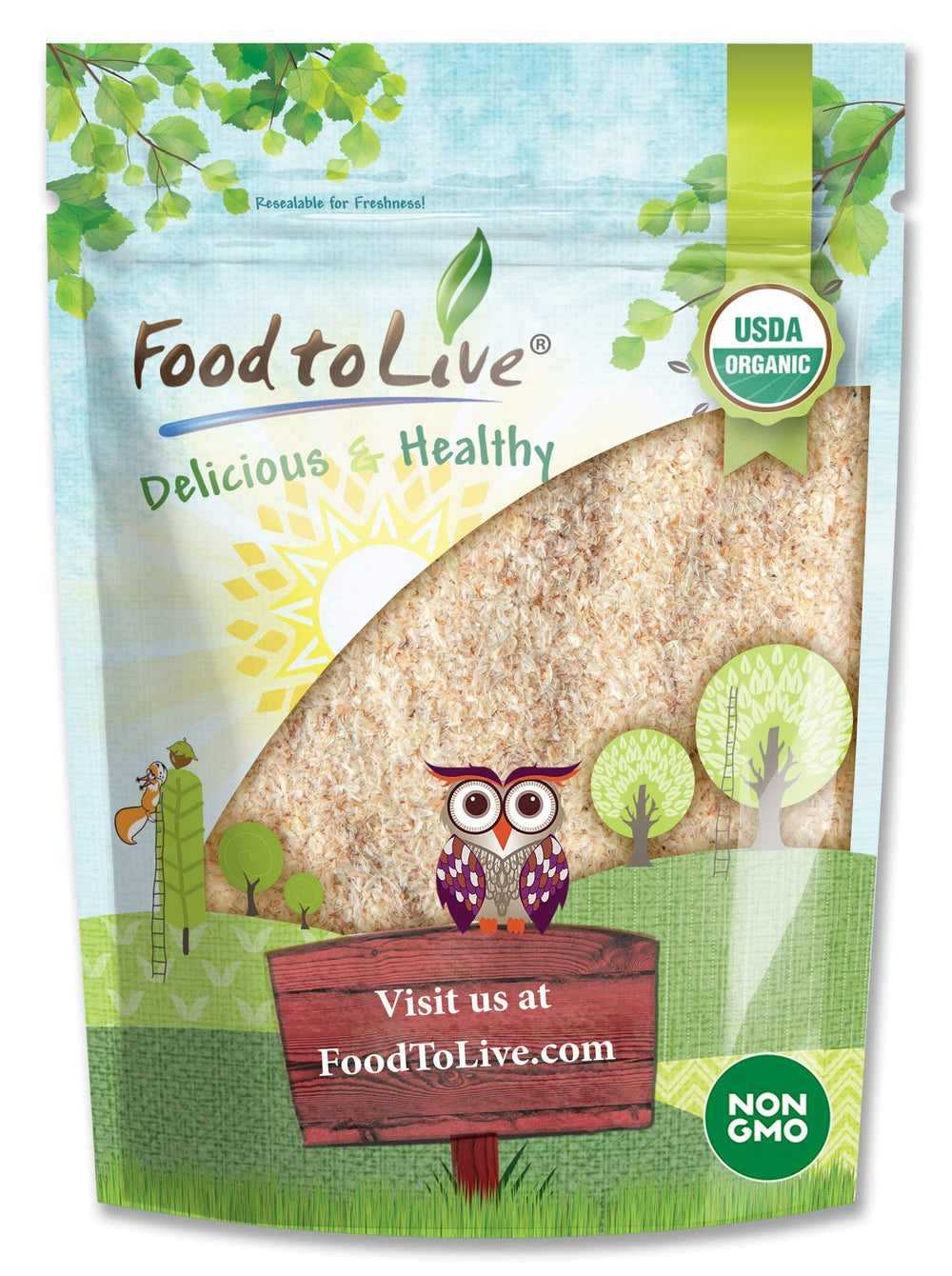 Front view of Food to Live Organic Whole Psyllium Husks 1 lb bulk bag