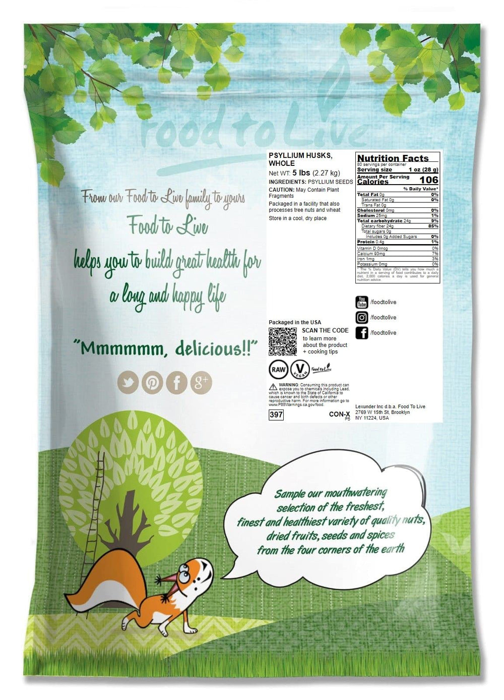 Food to Live Psyllium Husks 5 lb packaging