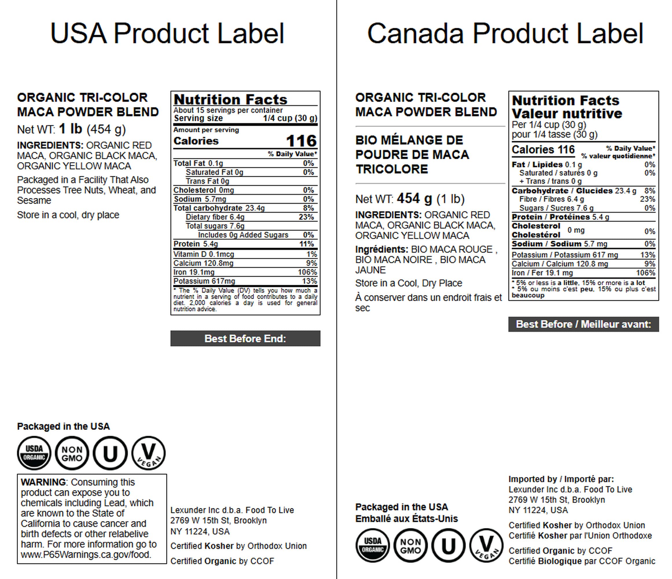 Packaging for Food to Live Organic Tri-Color Maca Powder Blend 1lb