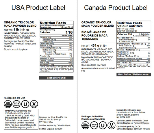Packaging for Food to Live Organic Tri-Color Maca Powder Blend 1lb