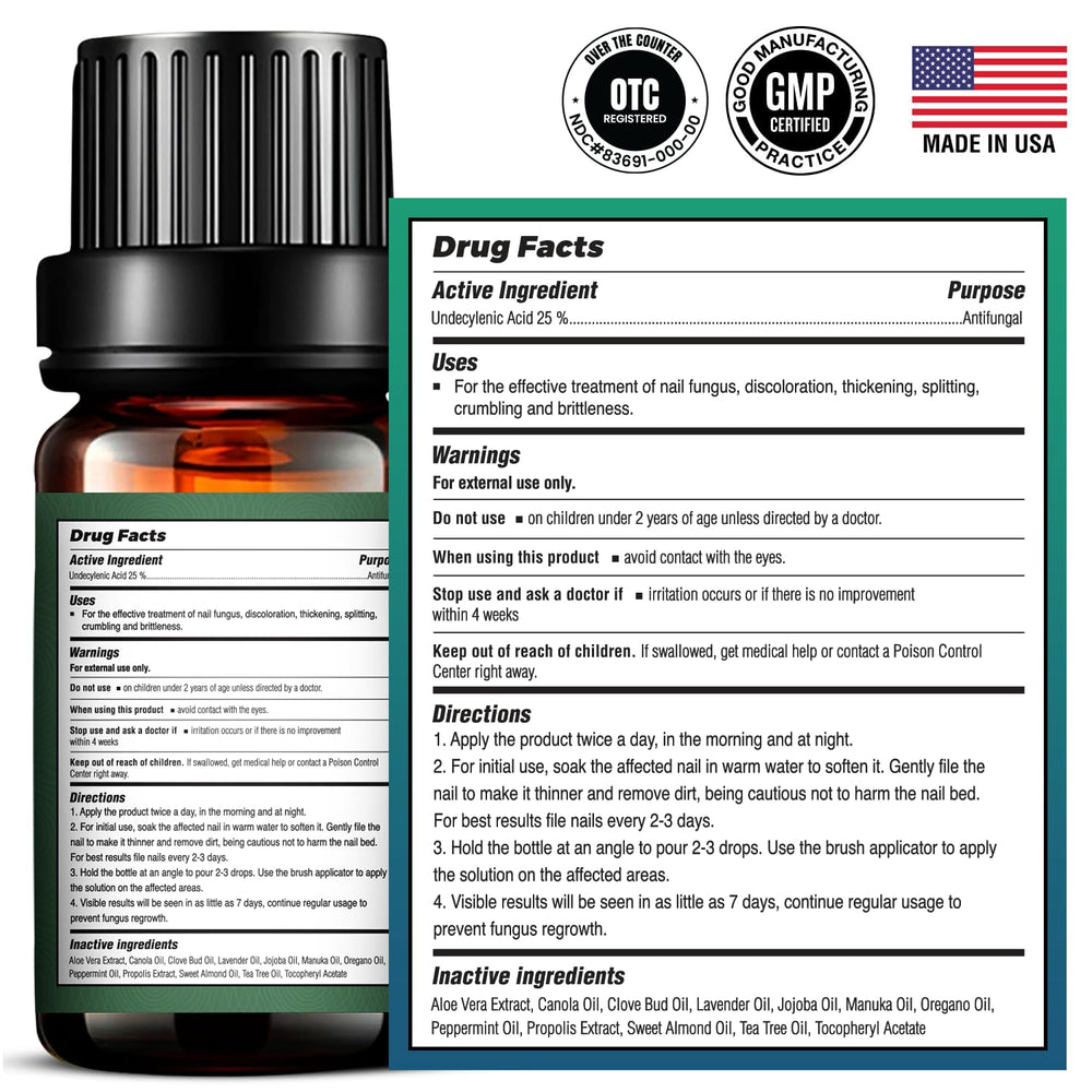 Foot Cure oil-rich formulation tea tree oregano bottle highlights natural nail care benefits.