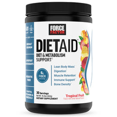 Front view of Force Factor Diet Aid tropical fruit powder tub