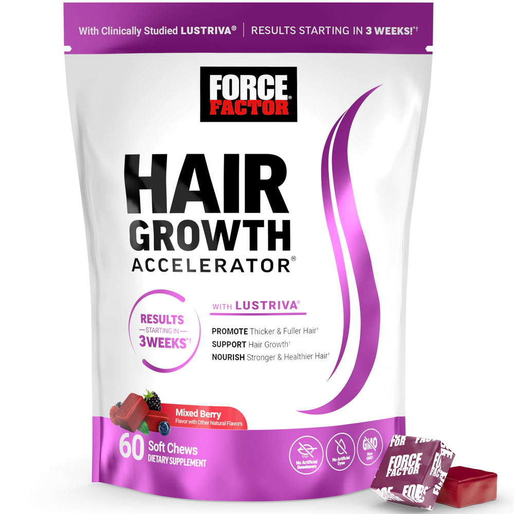 Bottle of Force Factor Hair Growth Accelerator Soft Chews on white background
