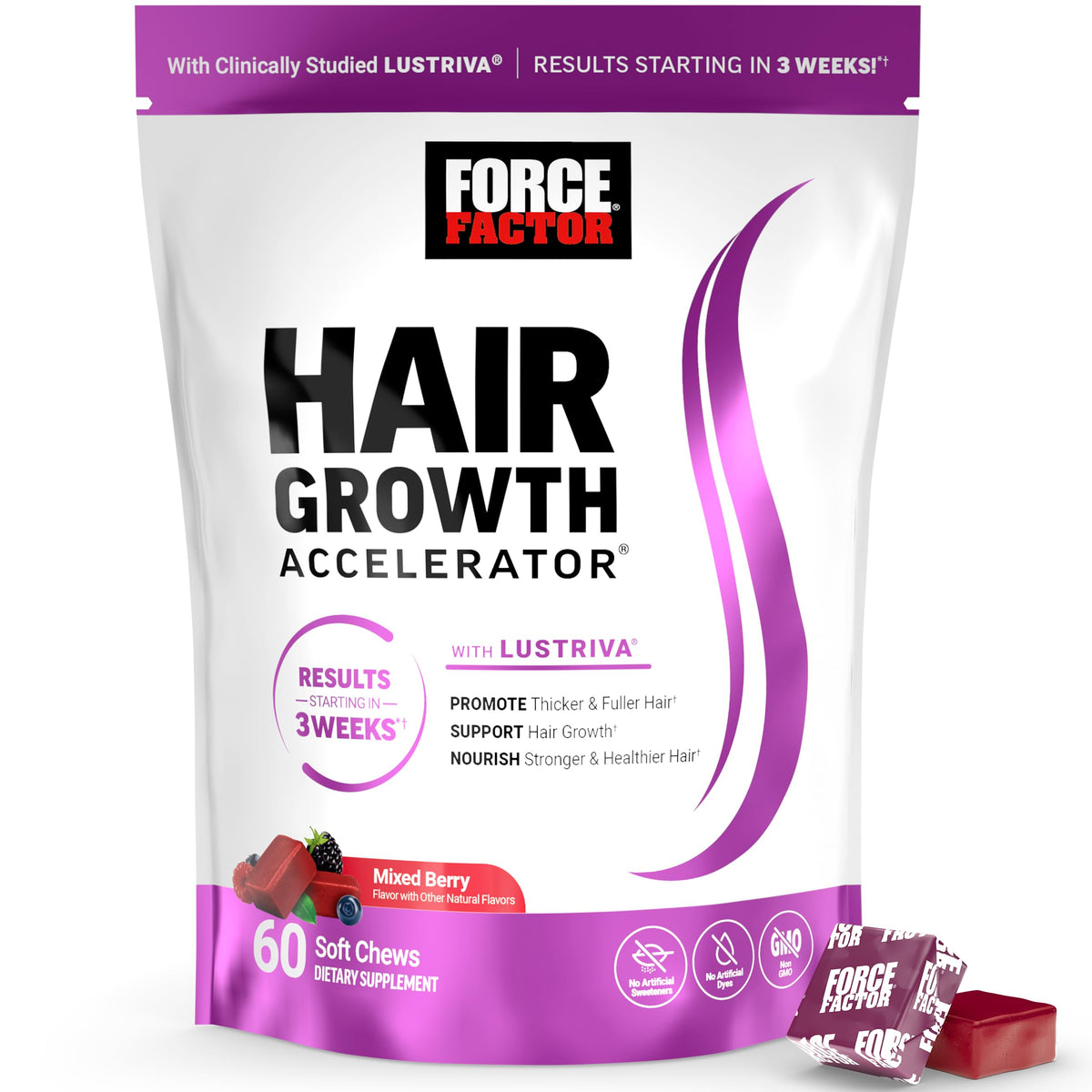 Bottle of Force Factor Hair Growth Accelerator Soft Chews on white background