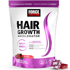 Bottle of Force Factor Hair Growth Accelerator Soft Chews on white background