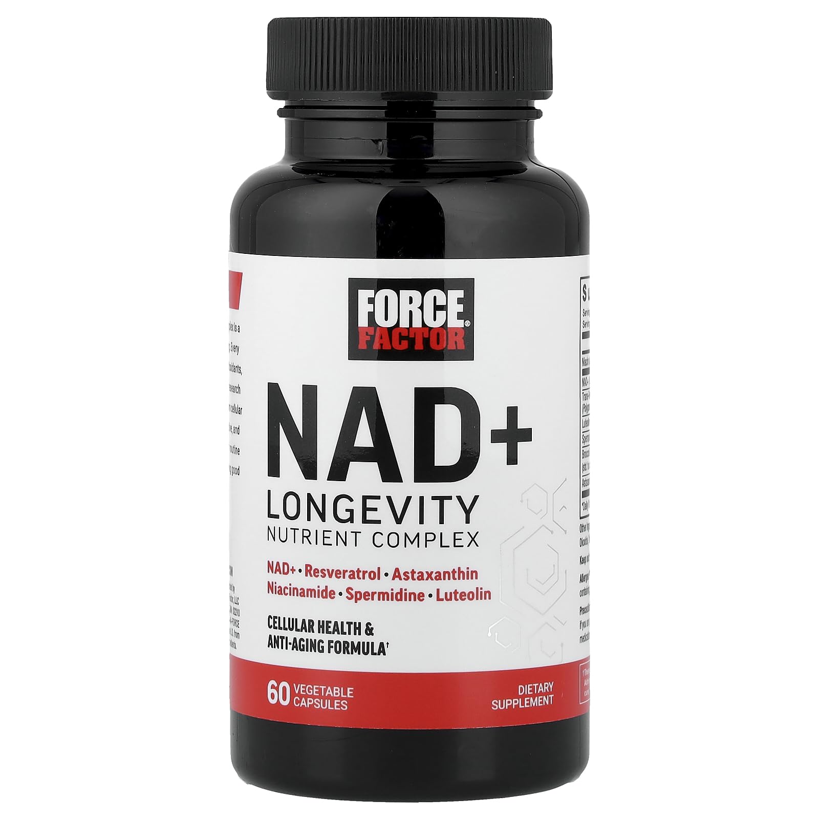 Graphic showing ingredients: NAD+, Resveratrol, Spermidine, Luteolin