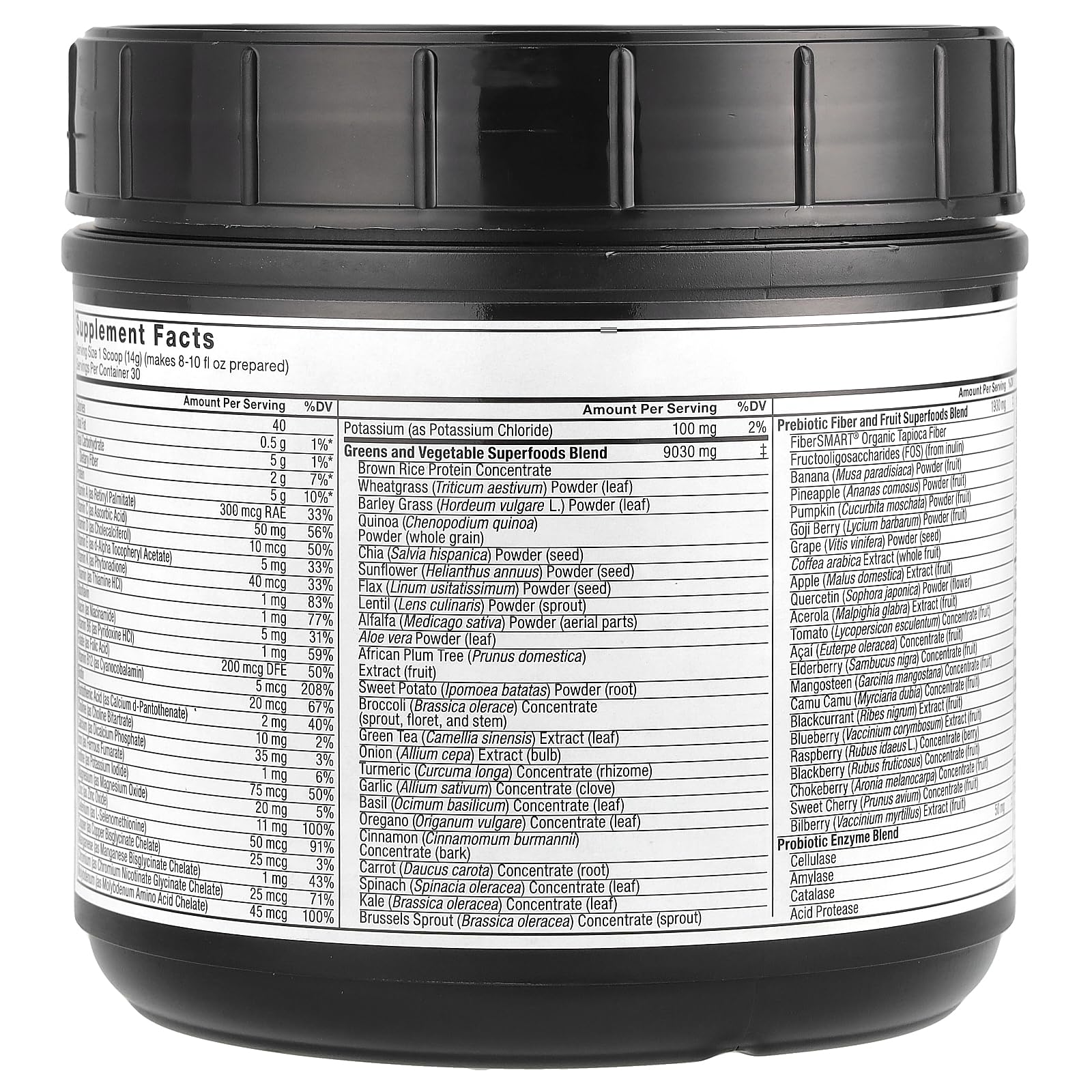 Illustration of greens, fruits, and probiotics ingredients