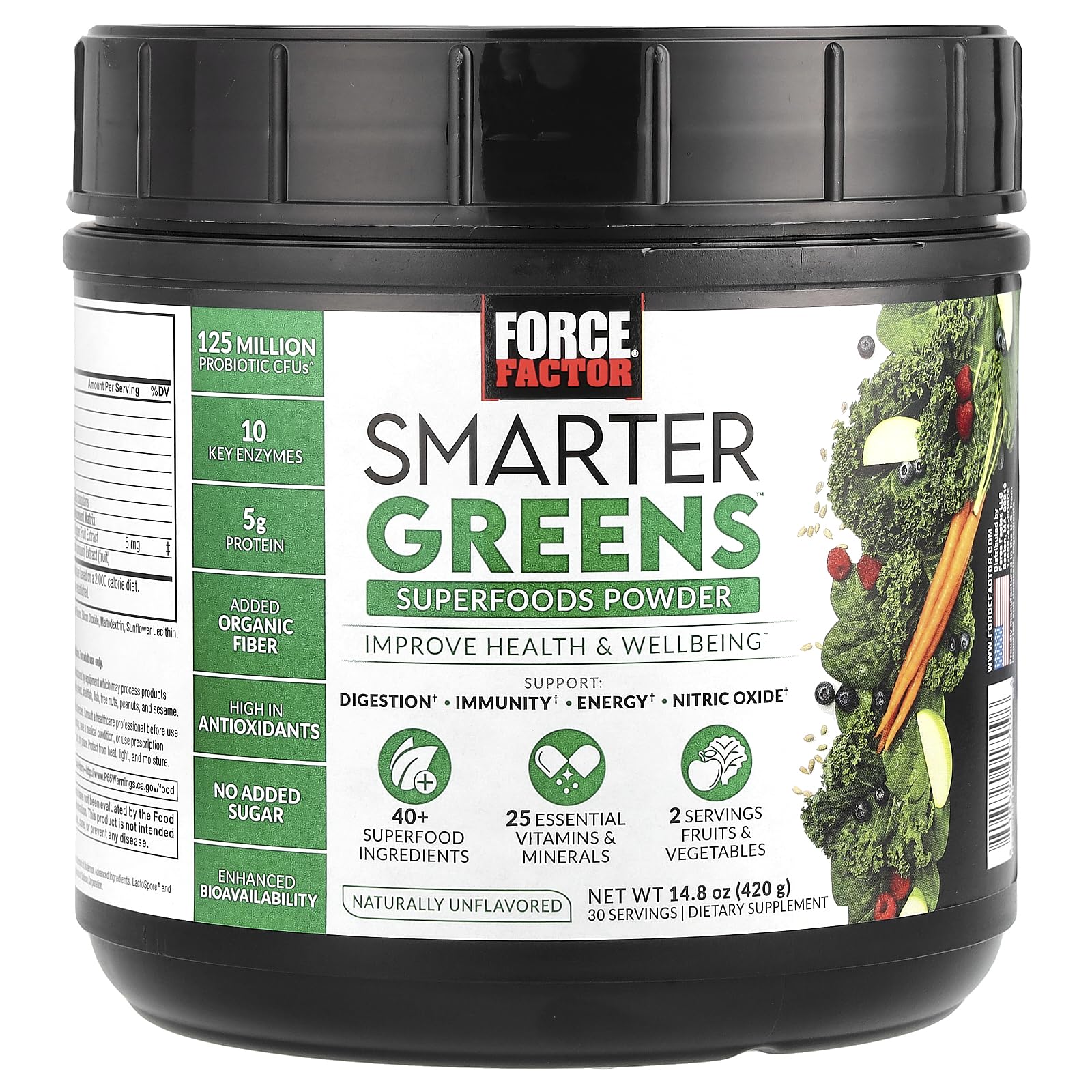 Front view of Force Factor Smarter Greens Powder tub