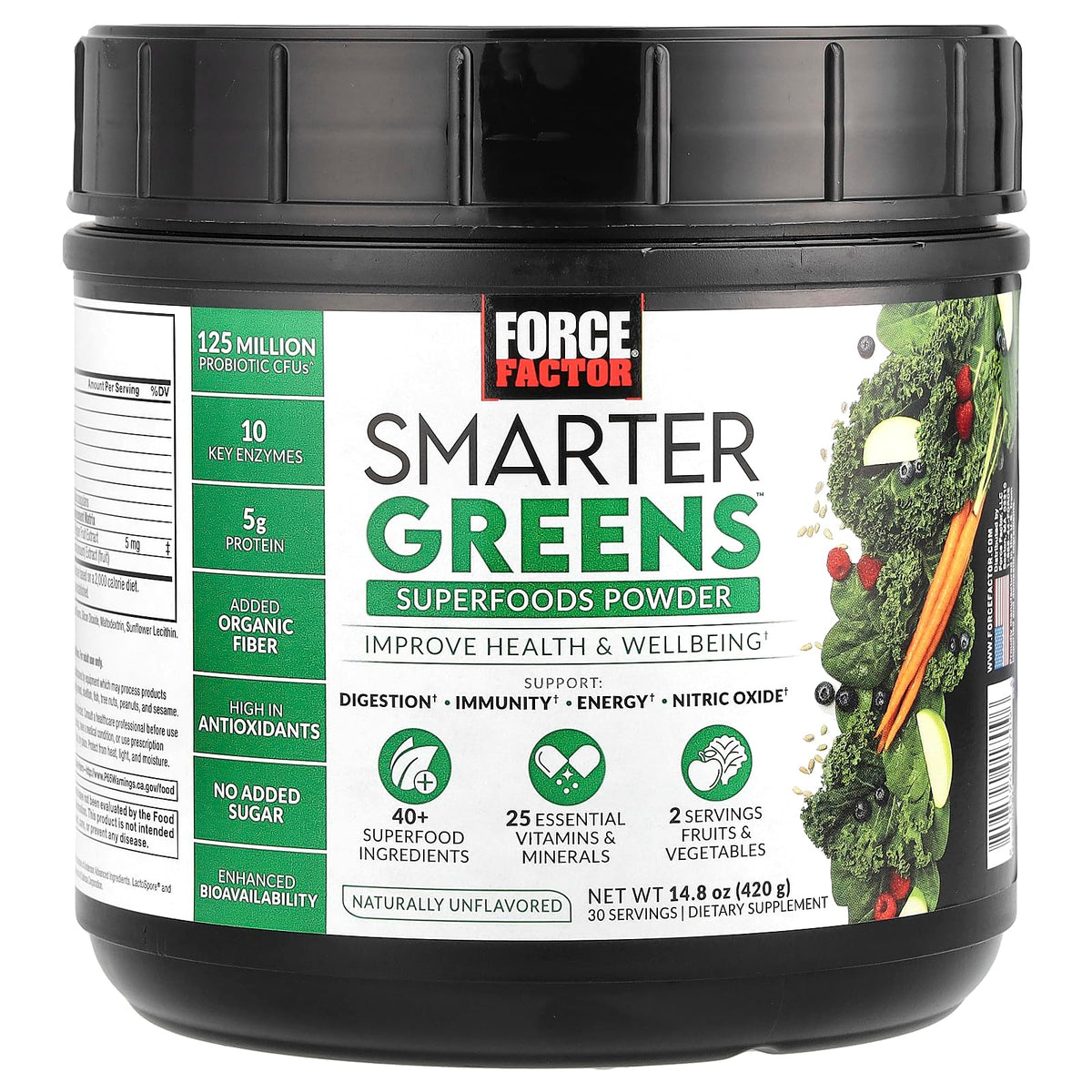 Front view of Force Factor Smarter Greens Powder tub