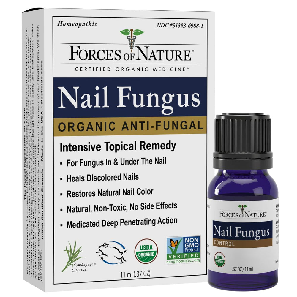 Forces of Nature toenail fungus treatment bottle front showing organic formula for damaged nails and improved appearance.