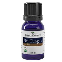 Forces of Nature toenail treatment dropper close-up showing precise application for irritated skin relief.