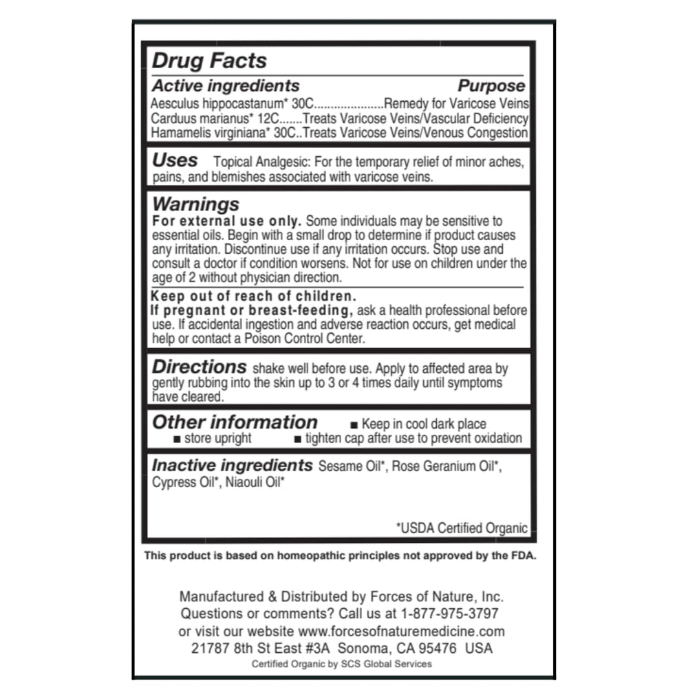 Box packaging and bottle of Forces of Nature Varicose Vein Treatment Organic Homeopathic Medicine, 1 Fl Oz