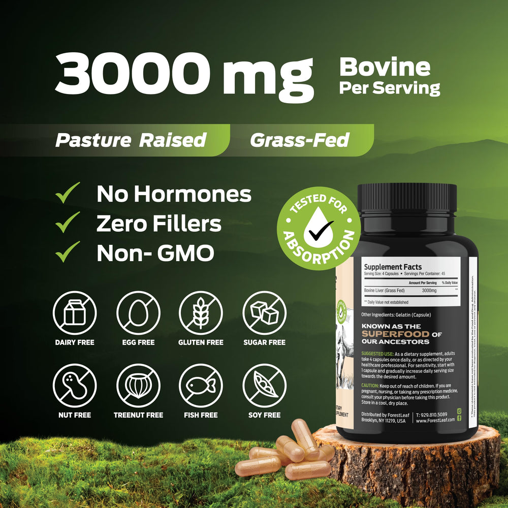 Nutrition ingredients label on ForestLeaf beef liver capsules