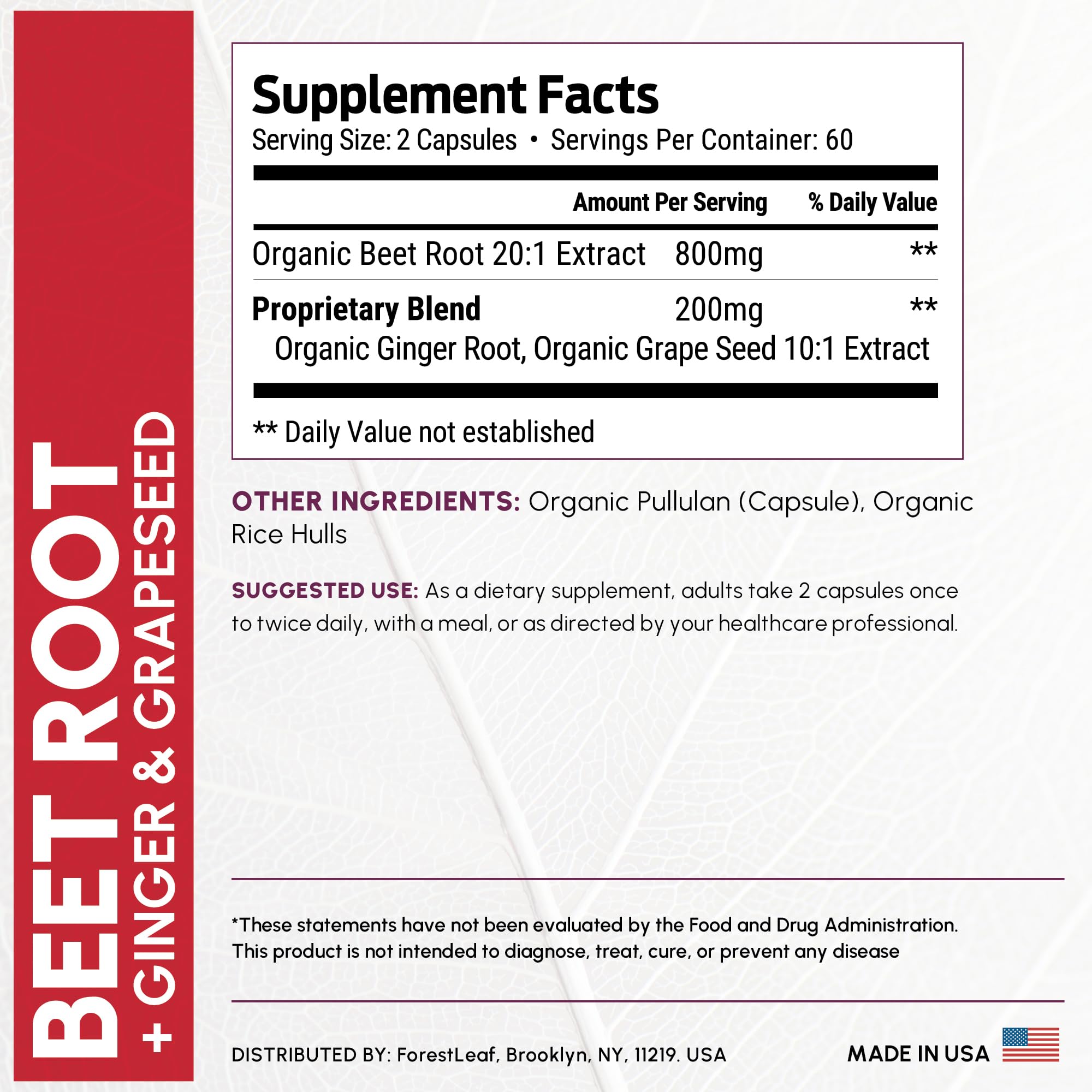 Beet root 20:1 extract with ginger and grape seed capsules close-up