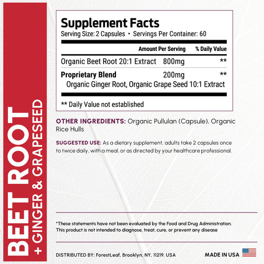 Beet root 20:1 extract with ginger and grape seed capsules close-up